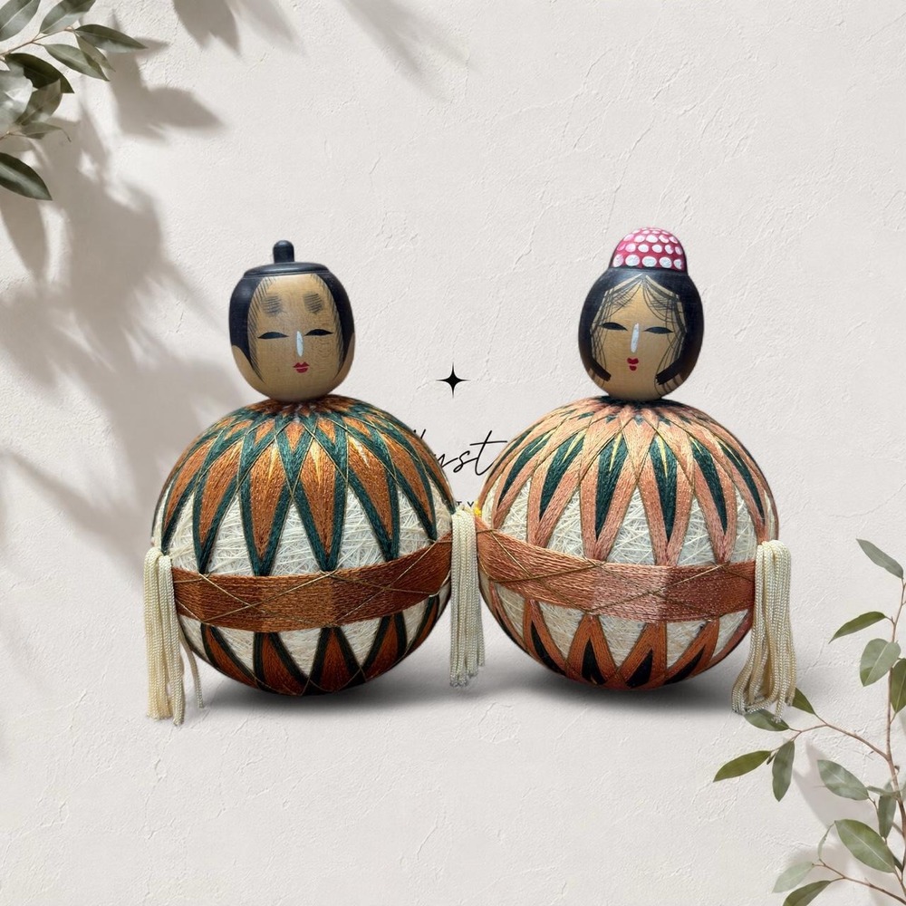 Vintage Japanese Kokeshi Temari Doll Pair Embroidered Wood Folk Art Decor 5"